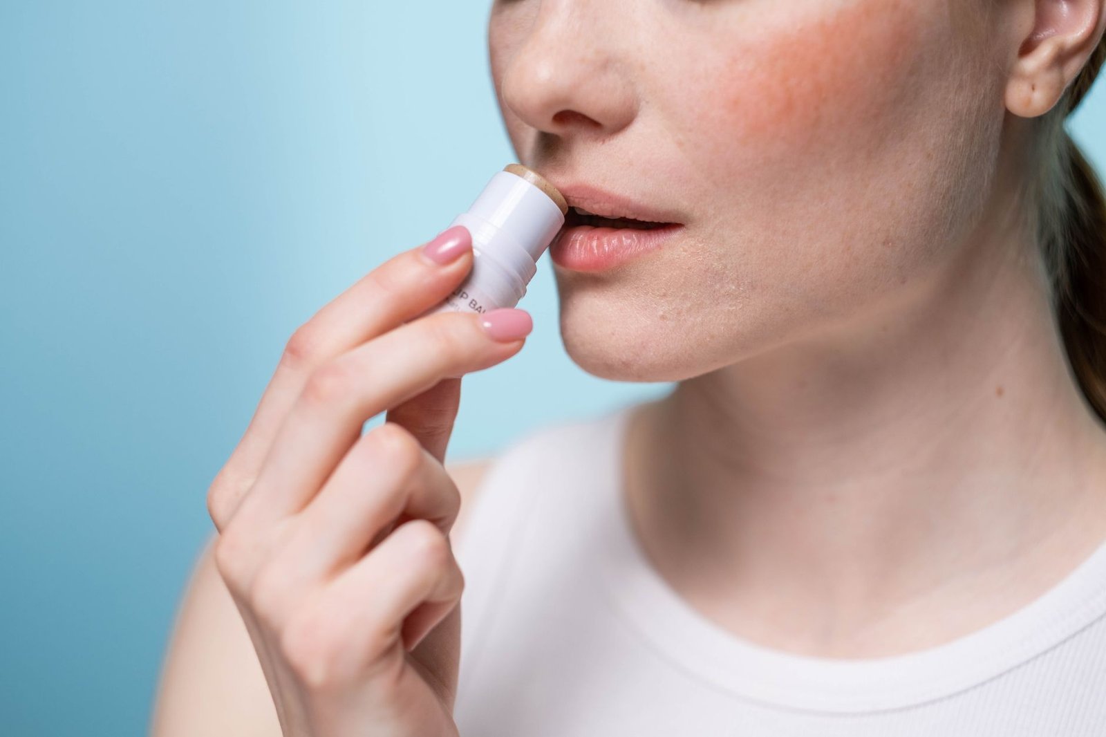 Woman applying a topical treatment to her lip