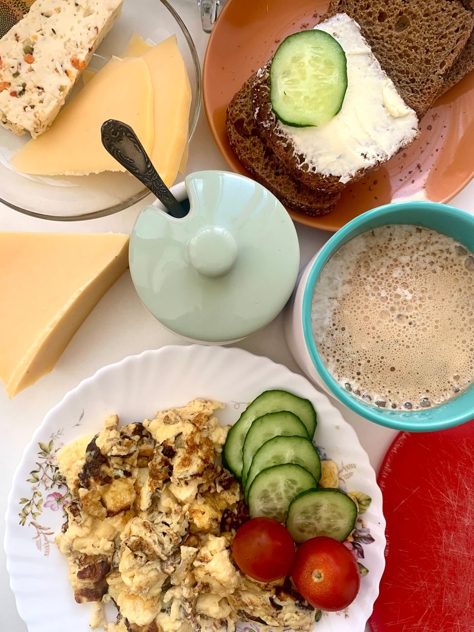 Breakfast spread with eggs and cheese, natural sources of vitamin K2
