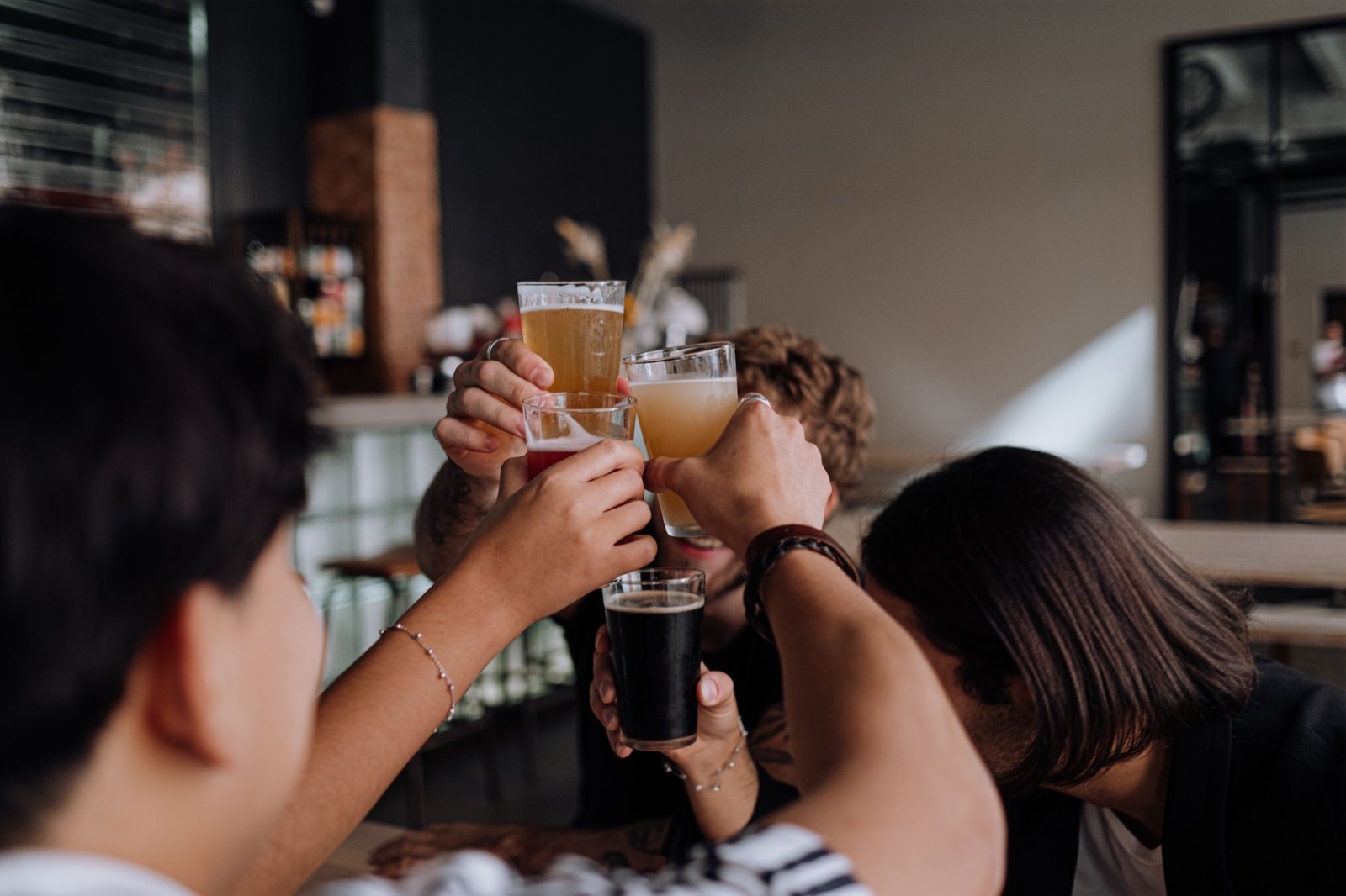 Friends raising a toast together at a bar