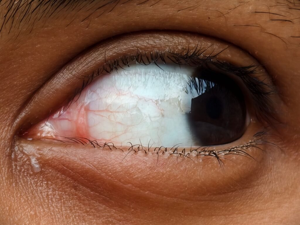 Close-up of a red, irritated eye caused by seasonal allergies
