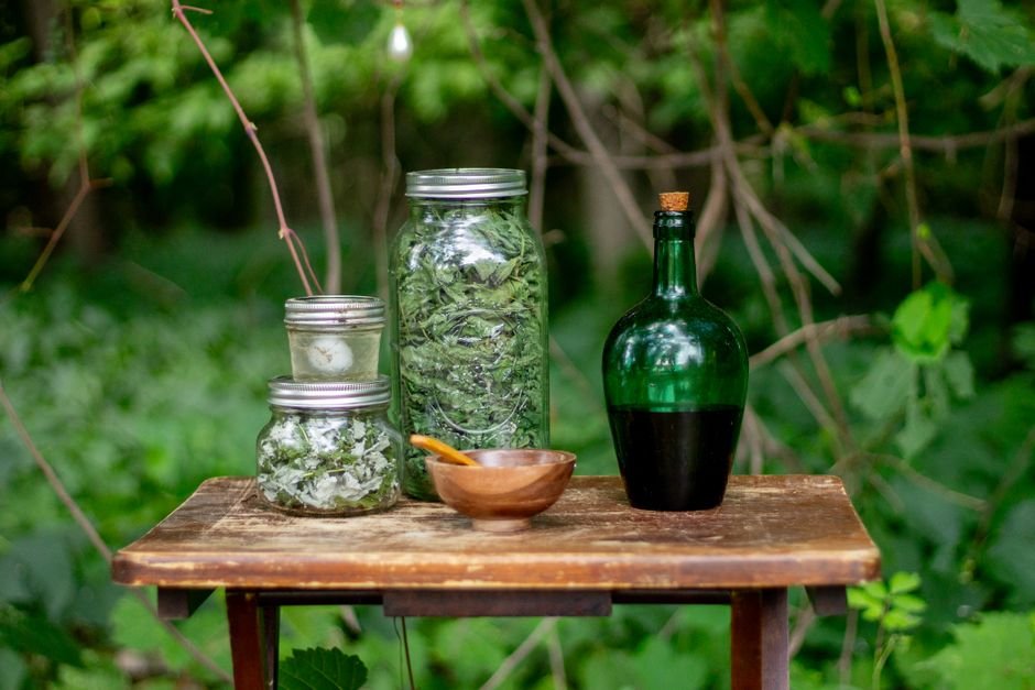 Herbal jars of natural remedy ingredients