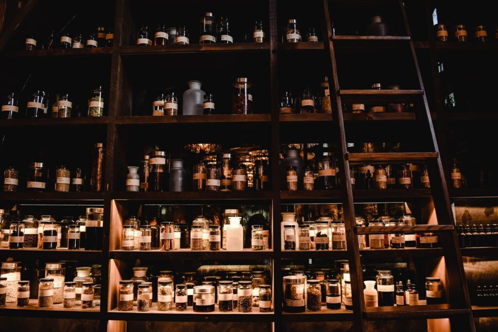 Shelves of apothecary jars and bottles, representing the different active ingredients in Preparation H and how each works