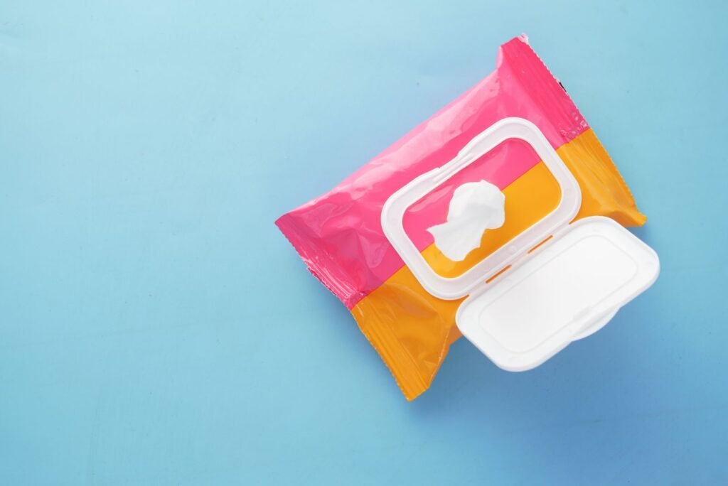 Open package of wet wipes on a blue surface representing hemorrhoidal medicated wipes
