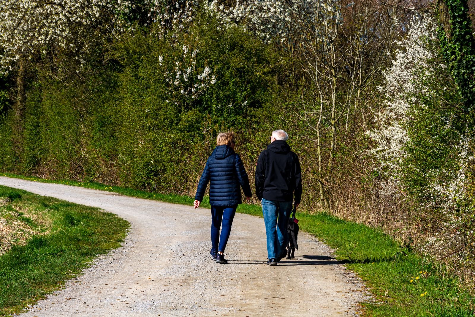 Couple walking on a gravel path through spring greenery, a gentle alternative to cycling with piles during a flare